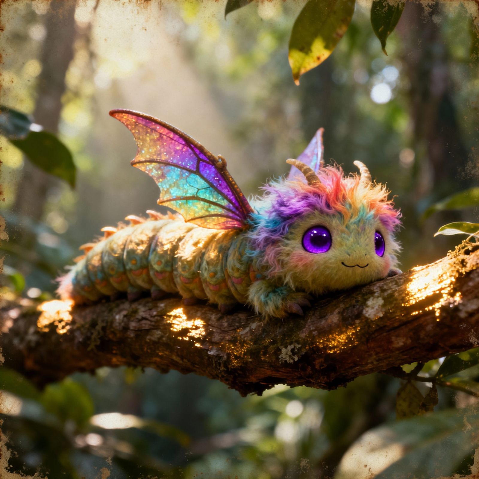 Mythical Fluffy Caterpillar with Dragon Wings in Rainforest