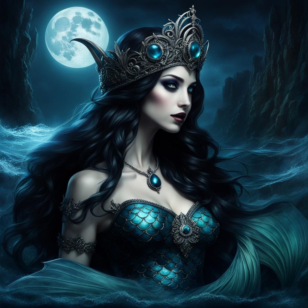 Gothic Mermaid Seraphina's Haunting Song in Moonlit Cove