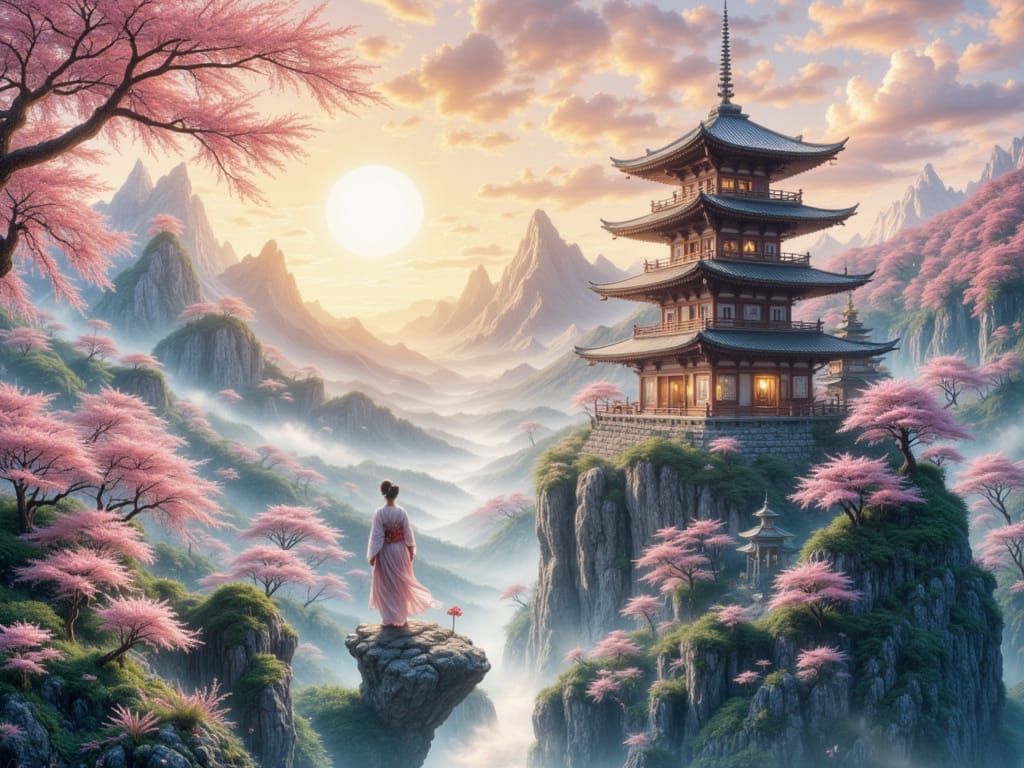 Japanese Pagoda with Cherry Blossoms, in Chiaroscuro Style