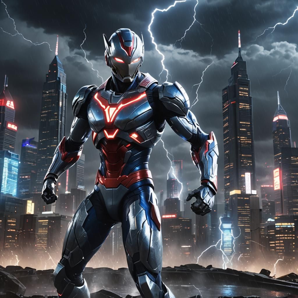 Ultraman in Stormy Cityscape with Neon Lights