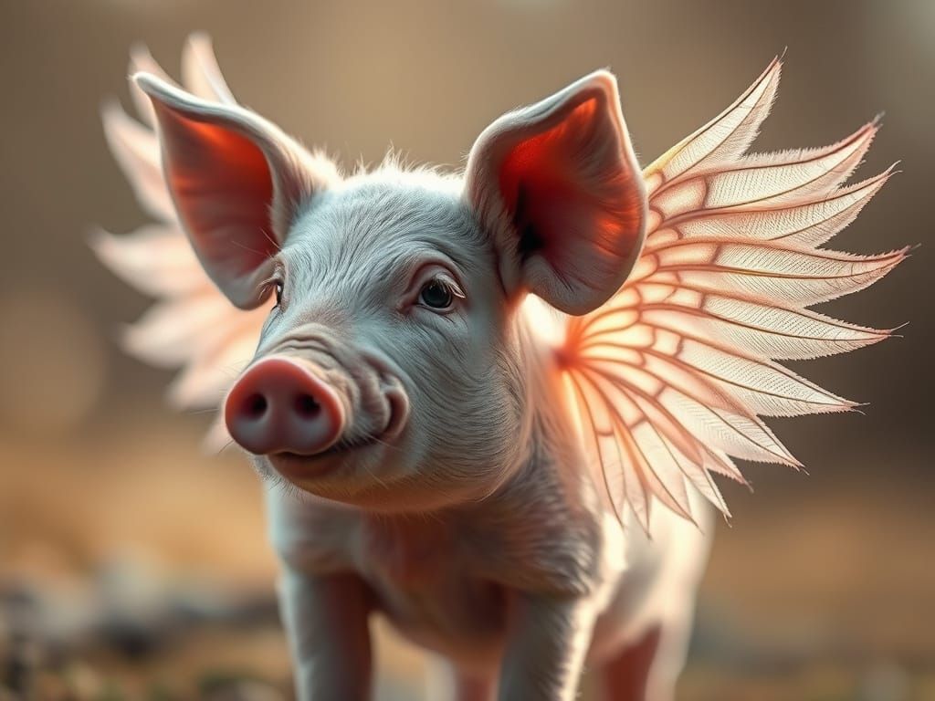 Winged Pig with Iridescent Feathers