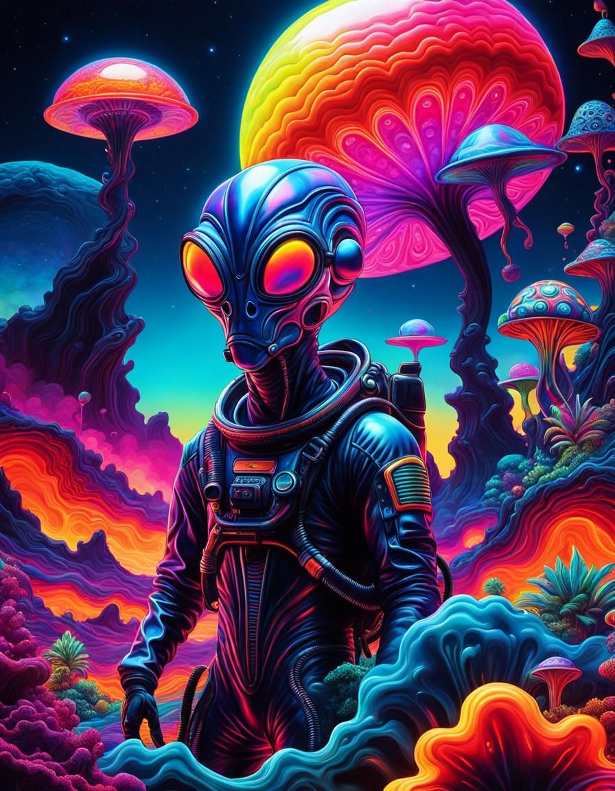 Psychedelic Alien Scuba Diver in Surreal Landscape