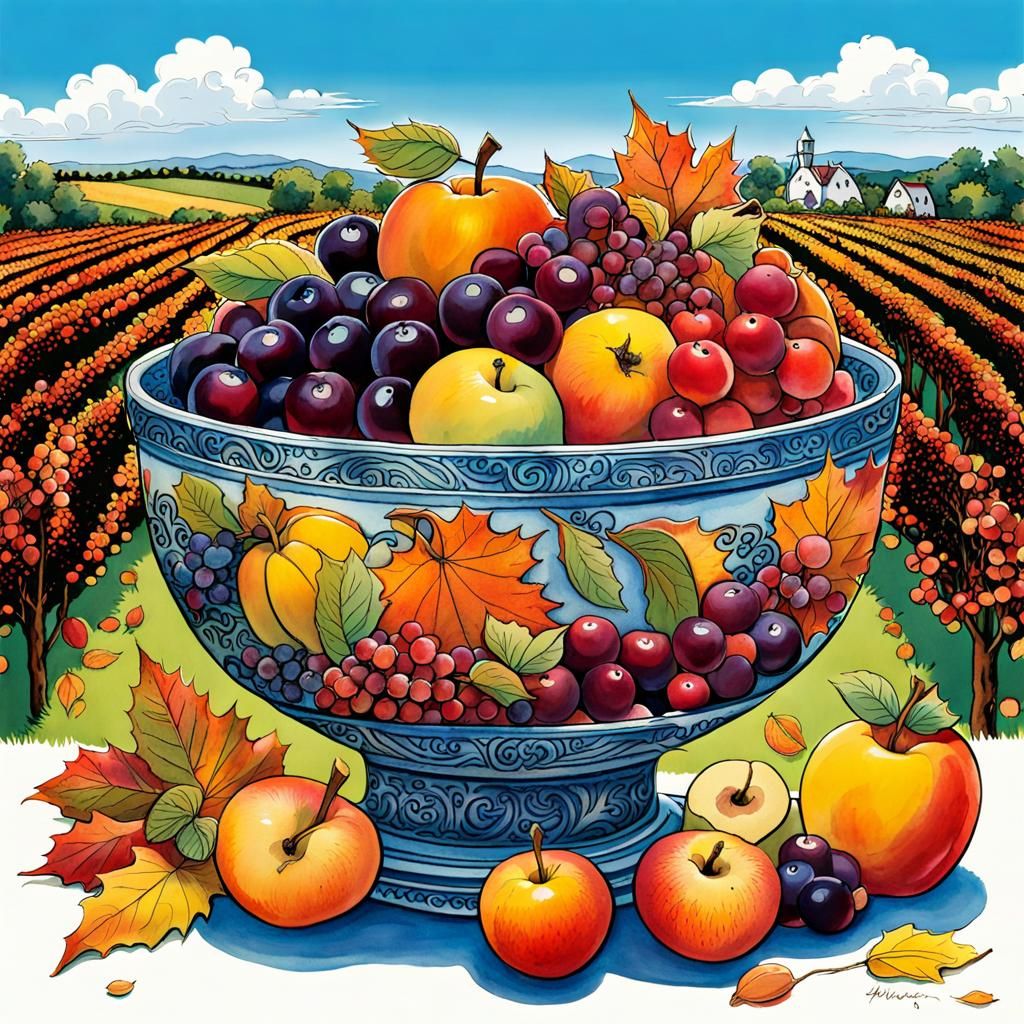 Floating Island Autumn Fruit Bowl Illustration