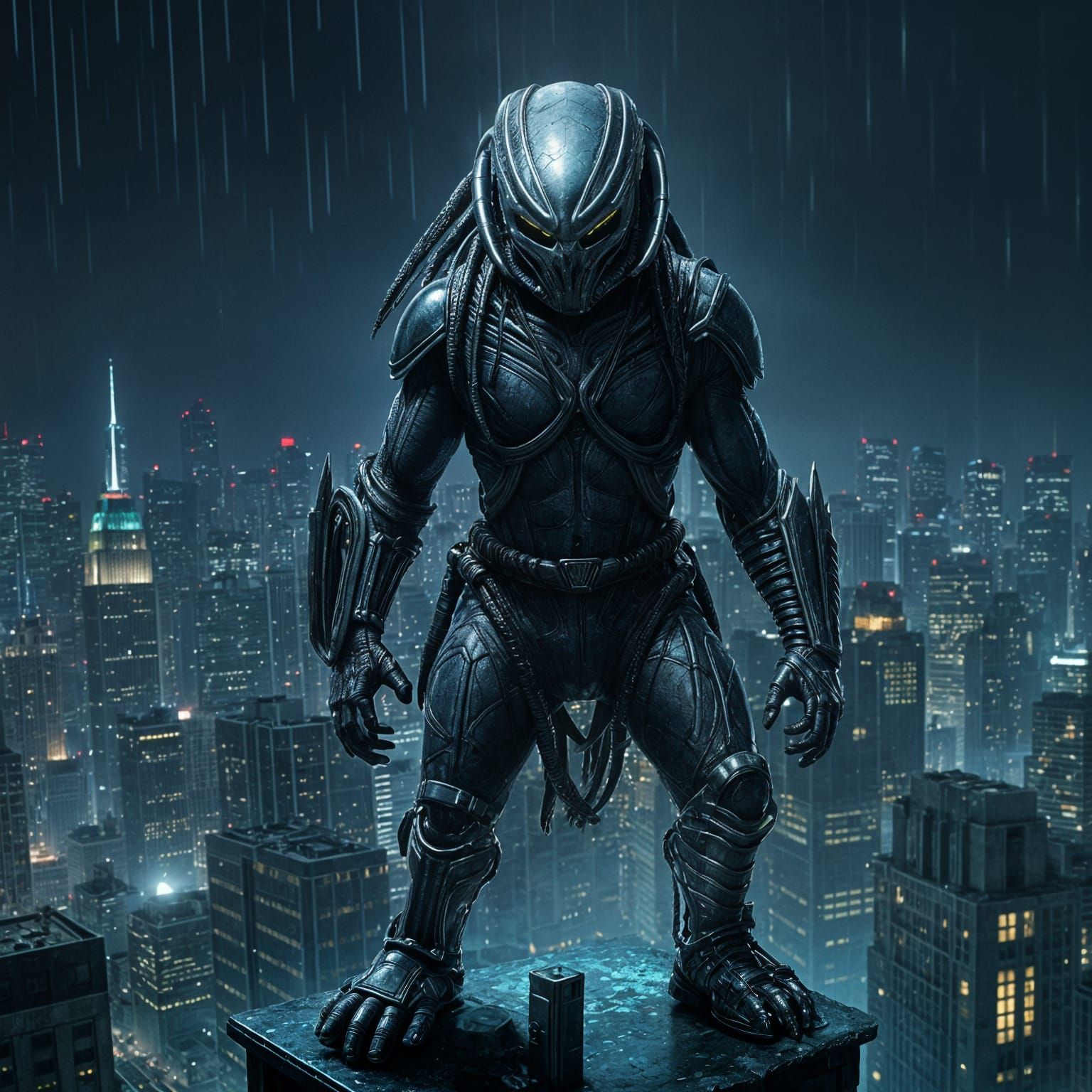 Predator in Dark Gotham Cityscape at Night