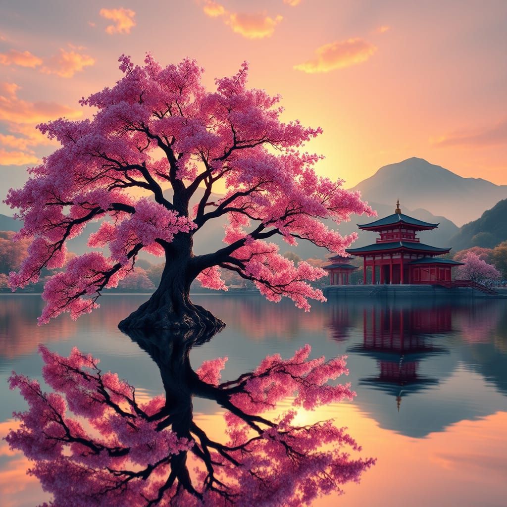 Majestic Sakura Tree in Japanese Landscape at Sunset