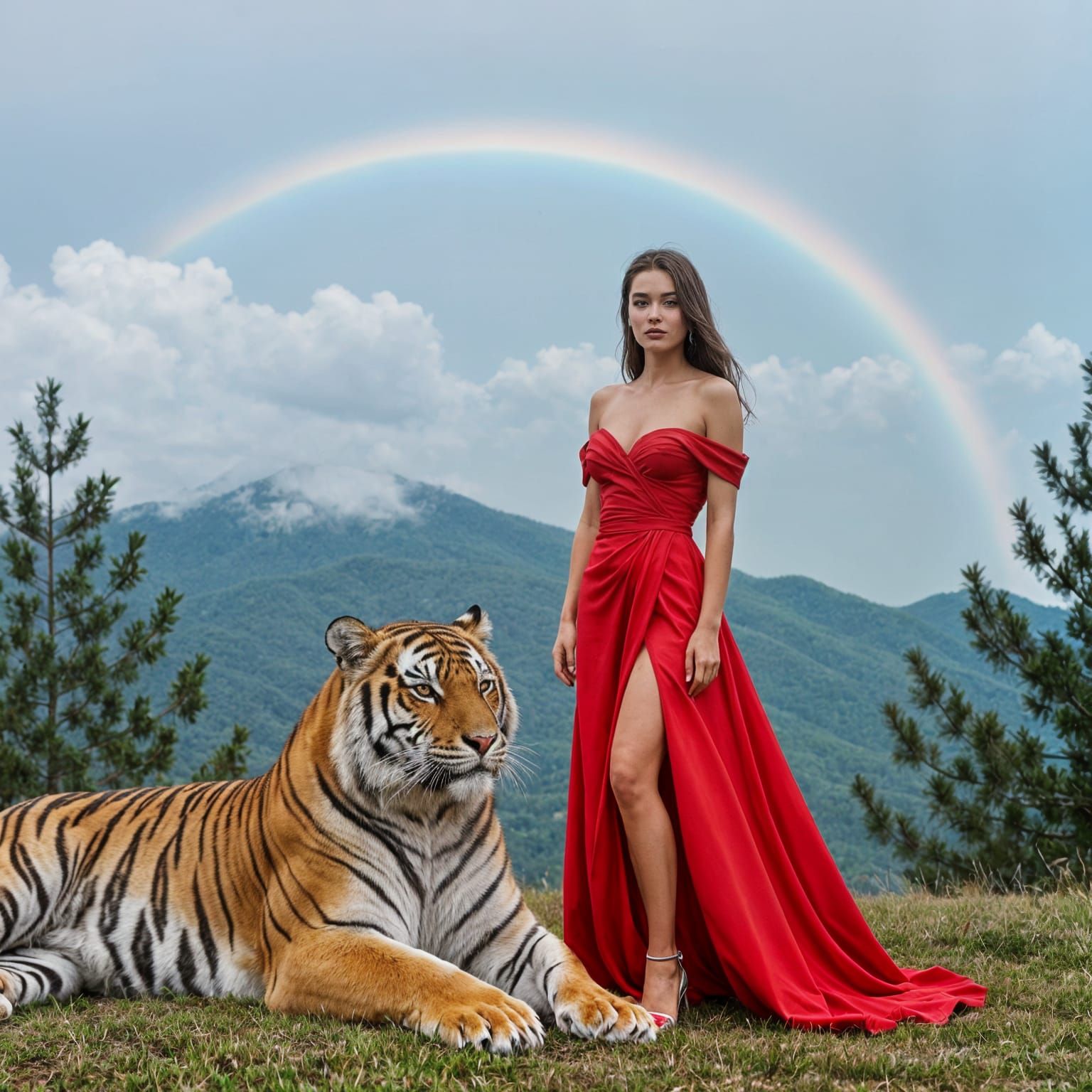 Woman and Tiger Amidst Drifting Clouds