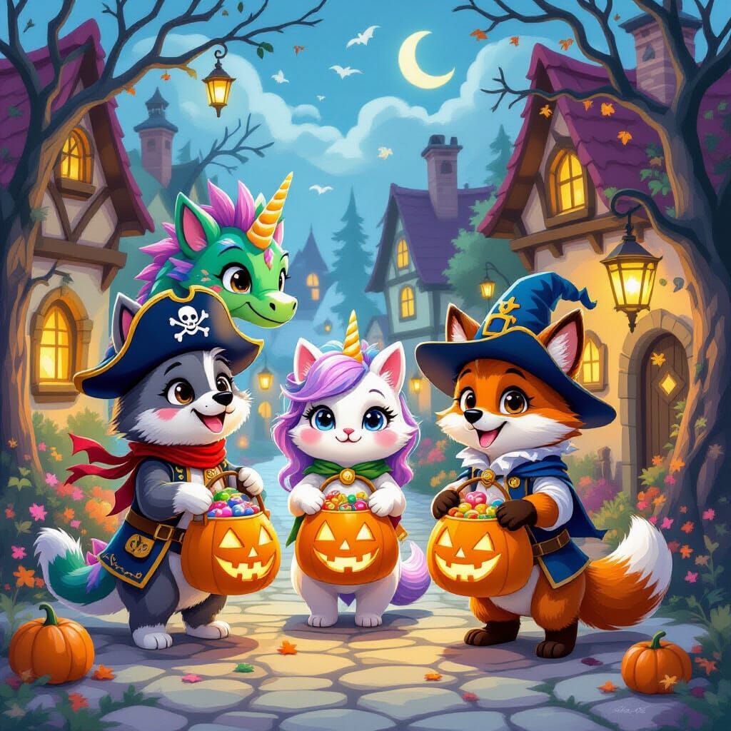 Fantasy Creatures Trick-or-Treating in Costumes