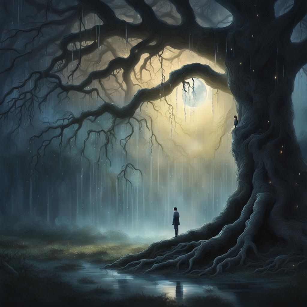 Moonlit Figure in Rainy Forest Clearing