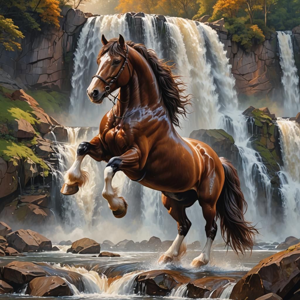 Shiny brown shire horse standing on back legs in front of wa...