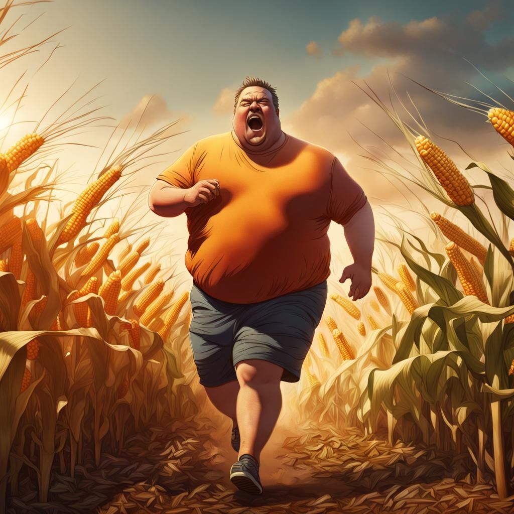 Man Running Through Cornfield in Hyperrealistic Splash Art