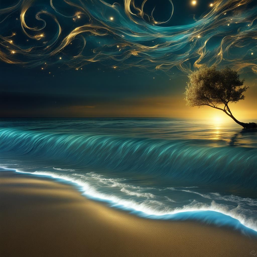 Golden Beaches at Night in Dark Turquoise and Silver