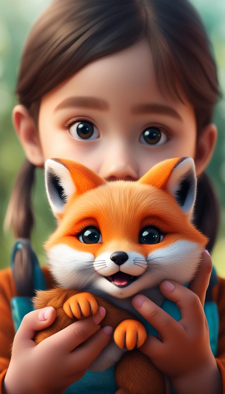 Girl Holding Fox Cub: Digital Rendering in Cutecore Style