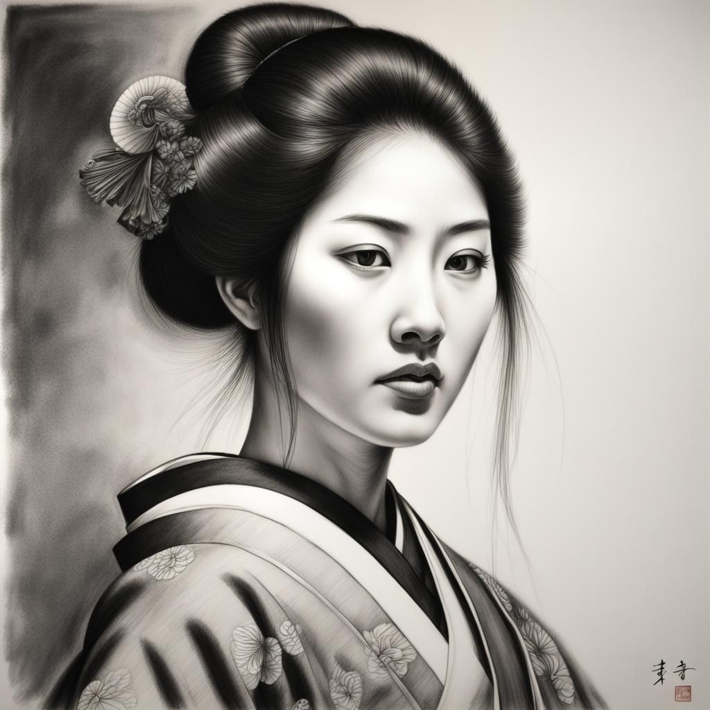 Elegant Japanese Woman: Hyperdetailed Charcoal Drawing