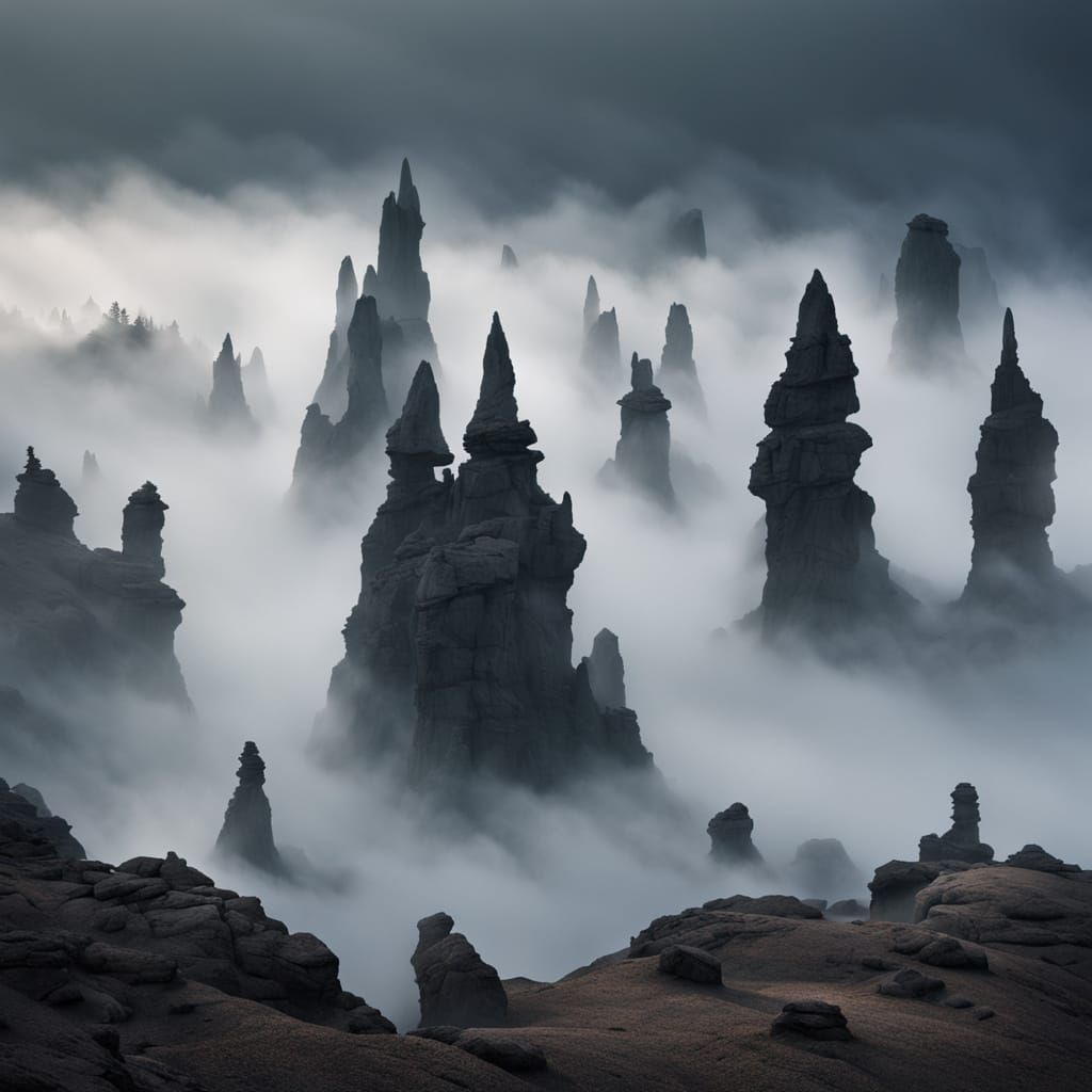 Surreal Foggy Landscape with Obsidian Spires