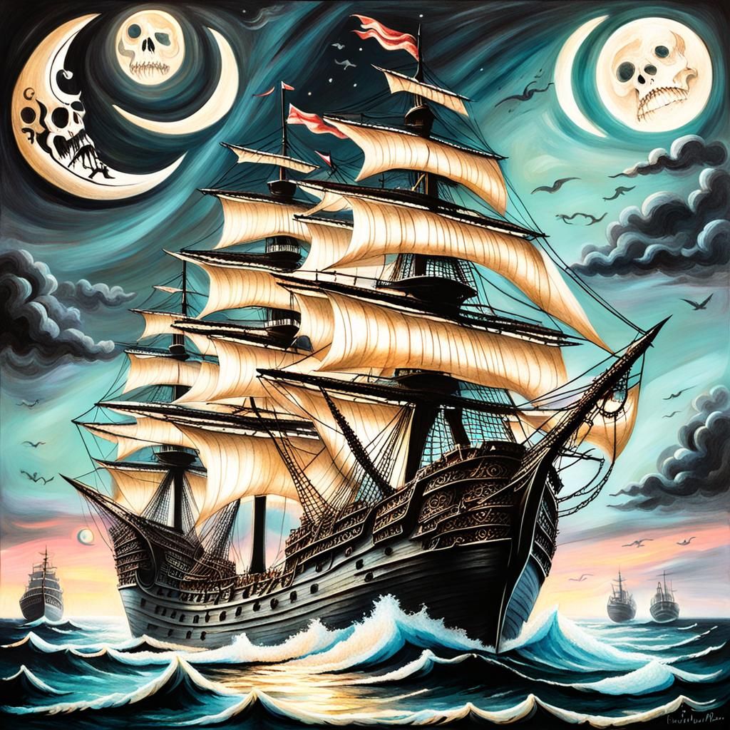 Pirate Fleet on the Ocean at Night