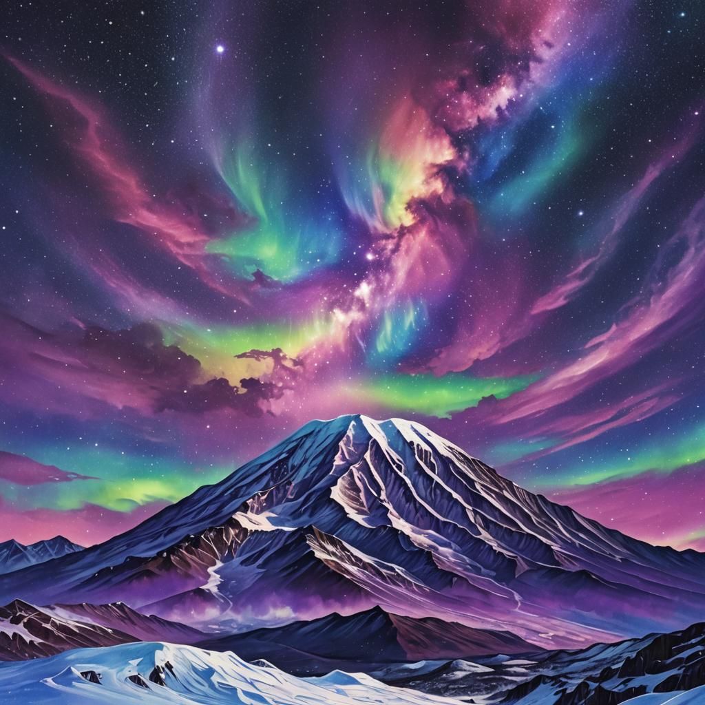 Kilimanjaro Under Aurora Borealis in Visionary Style
