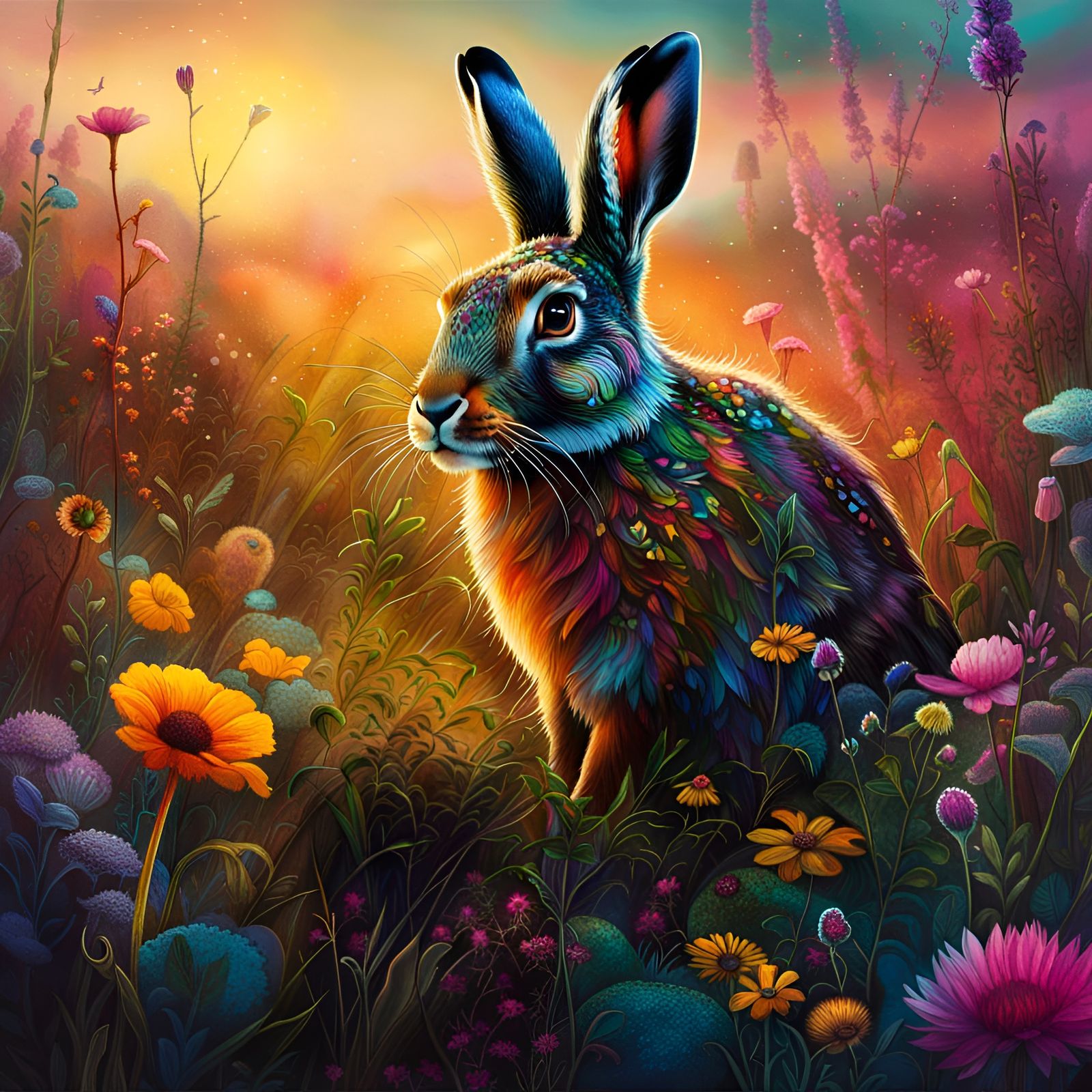 Hare in Flower Meadow: Colorful Fantasy Artwork