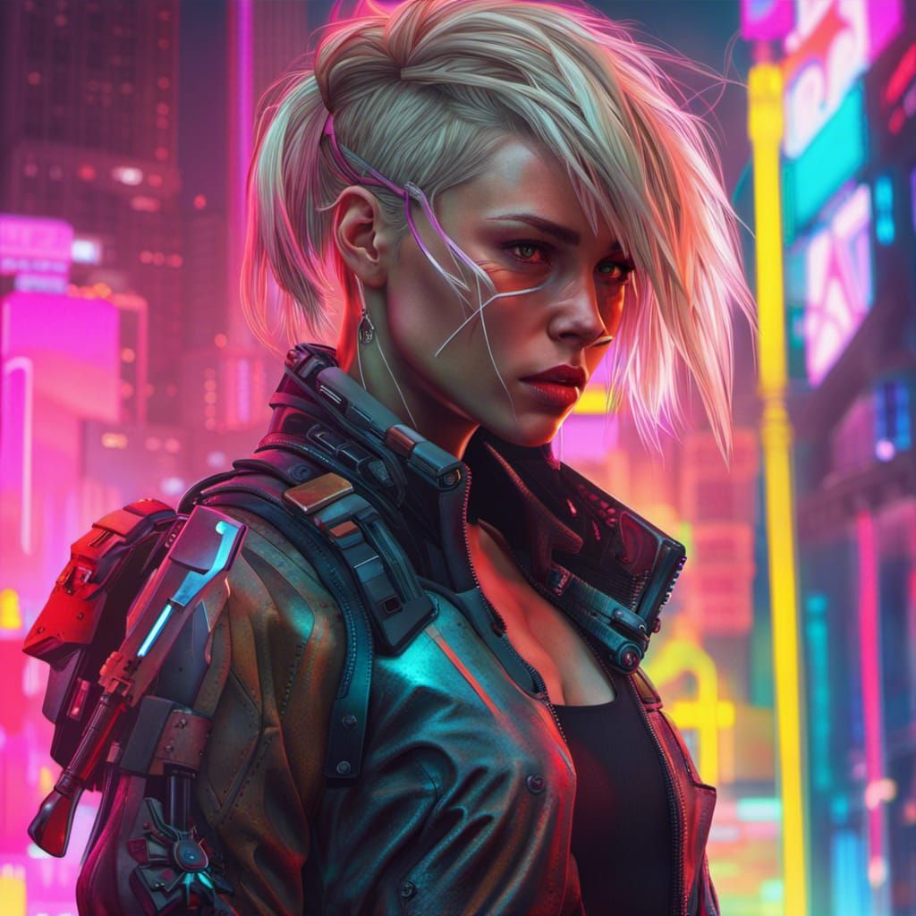 Cyberpunk Warrior Girls in Neon Cityscape