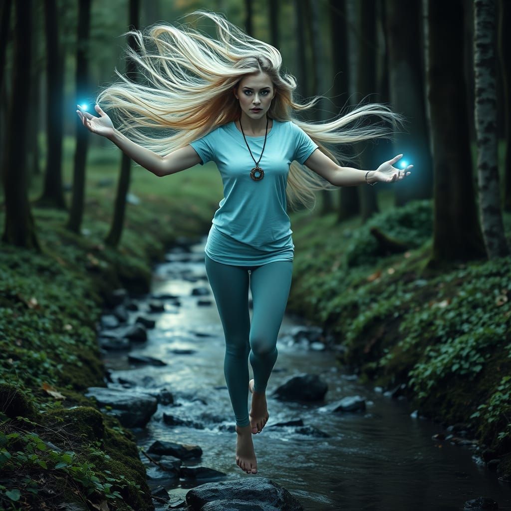 Mystical Forest: Woman Levitating in Supernatural Wind