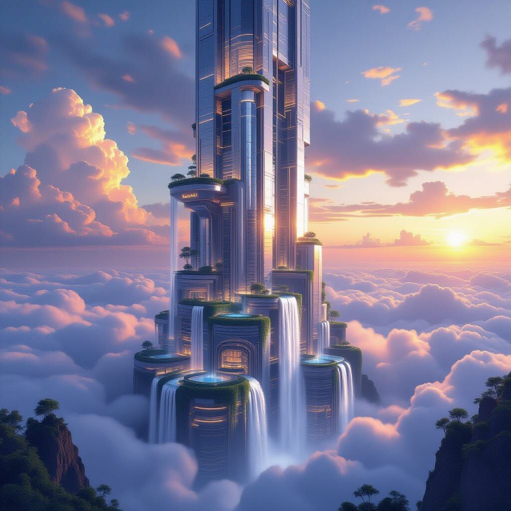 Futuristic Skyscraper with Ocean Views and Waterfalls at Sun...