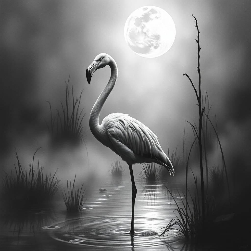 Majestic Flamingo Under Moonlit Swamp Skies