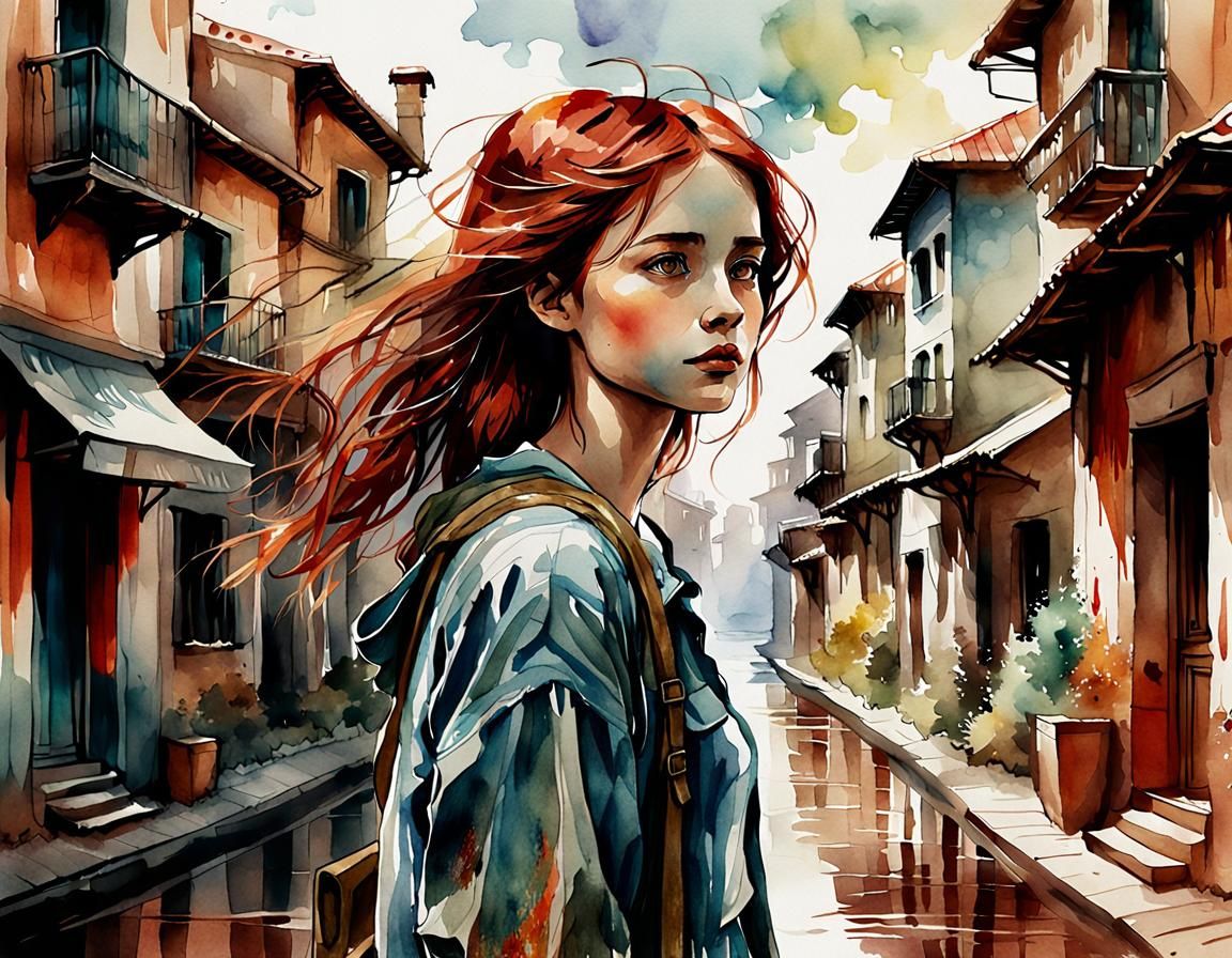 Melancholic Auburn-Haired Woman in Digital Watercolor