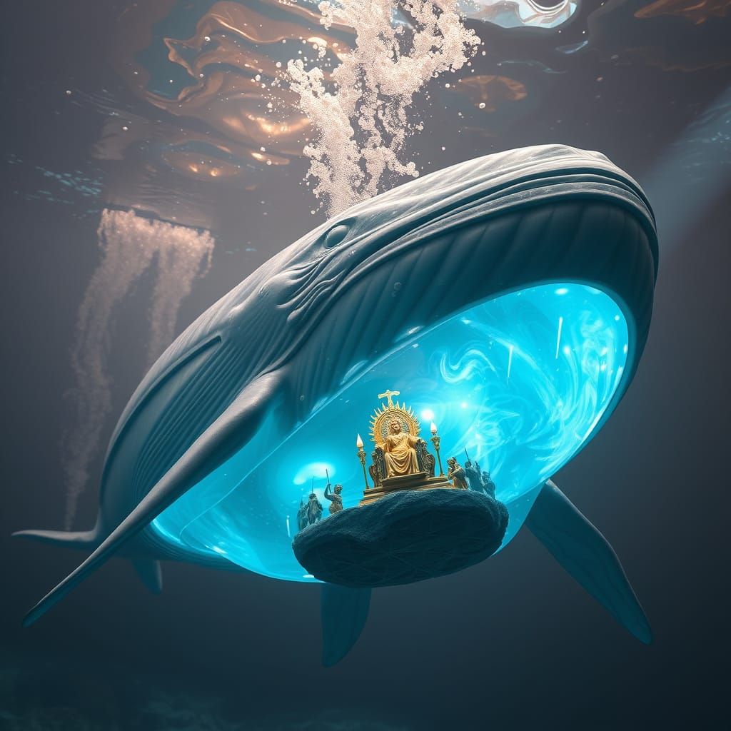 Poseidon sitting on his throne in Whale's belly