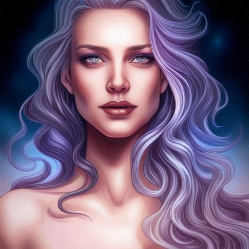 Starry-Eyed Woman with Galaxy Hair, Digital Art