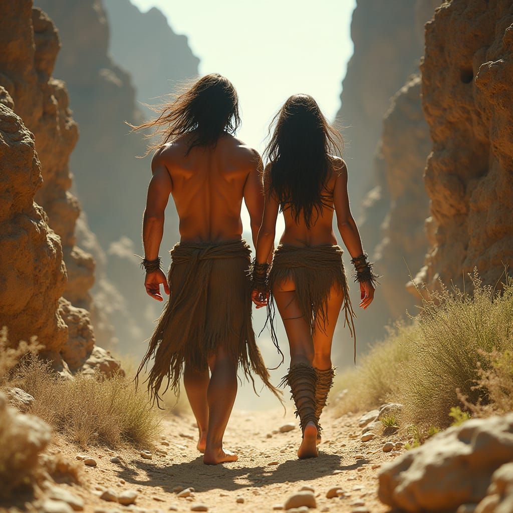 Prehistoric Couple Walking Through Rocky Canyon