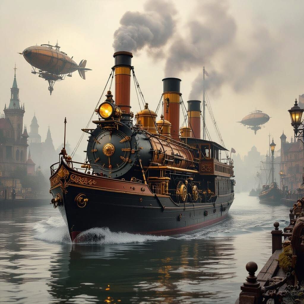 Steampunk Ship on Misty River with Airships