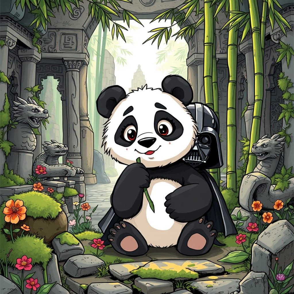 Whimsical Panda in Ancient Chinese Temple