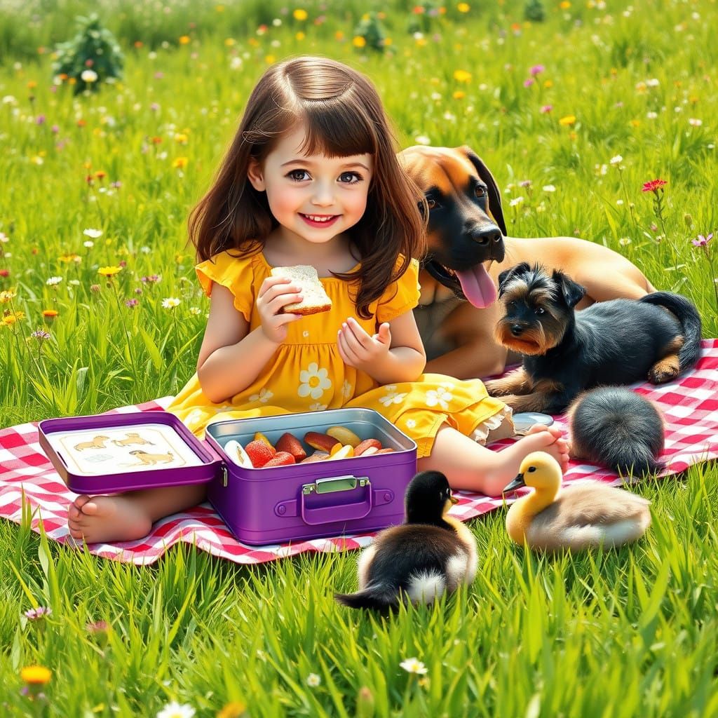 Little Girl's Joyful Picnic in a Vibrant Field of Wildflower...