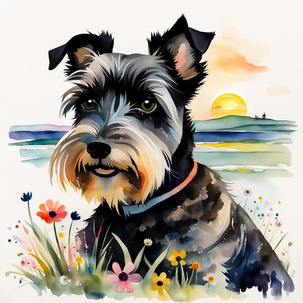 Girl and Schnauzer at Sunset, Mixed Media Art