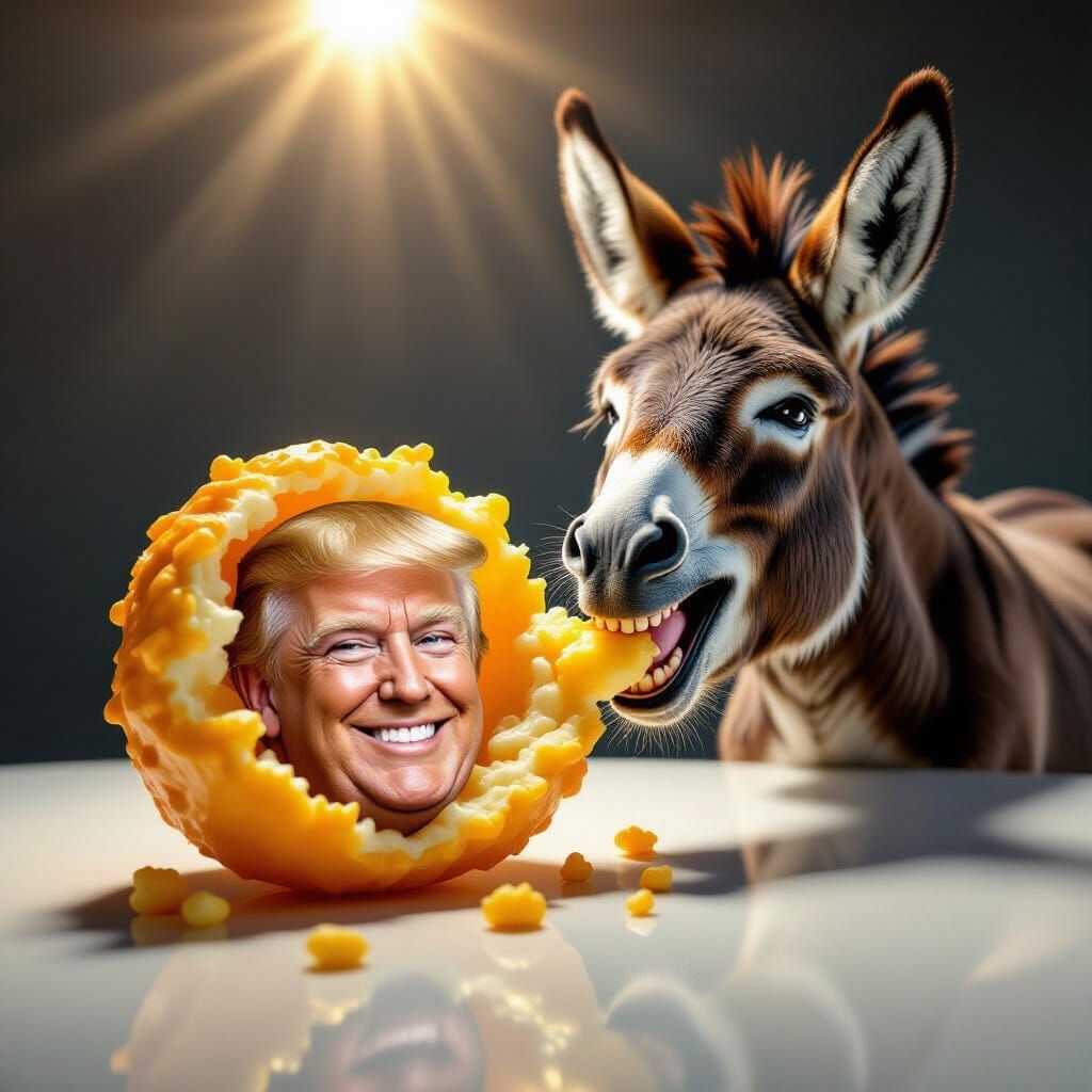Donkey Smiles About to Eat Trump Face Cheese Puff