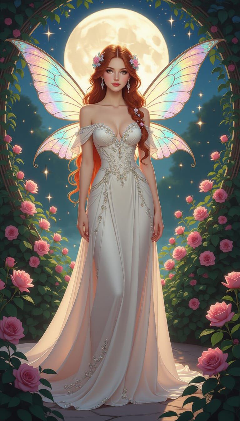 Fairy Princess in Moonlit Garden, Art Nouveau Style