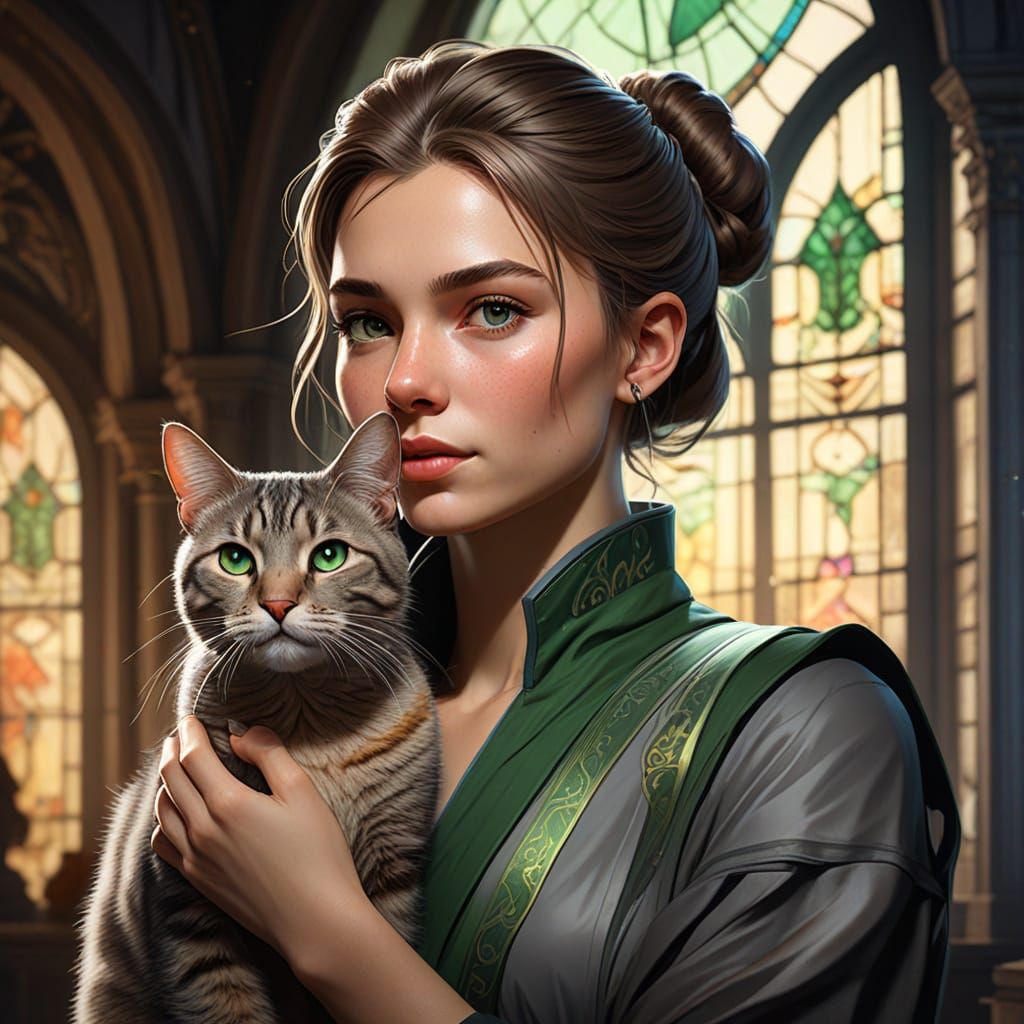 Woman with Cat in Gothic Interior, Hyperdetailed Portrait