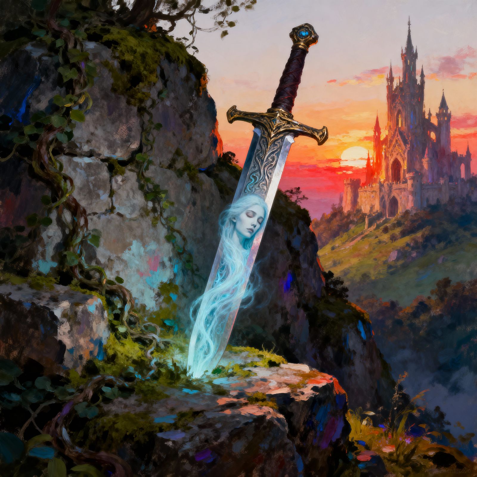 Majestic Sword with Ghost Face in Rock, Fantasy Castle Sunse...