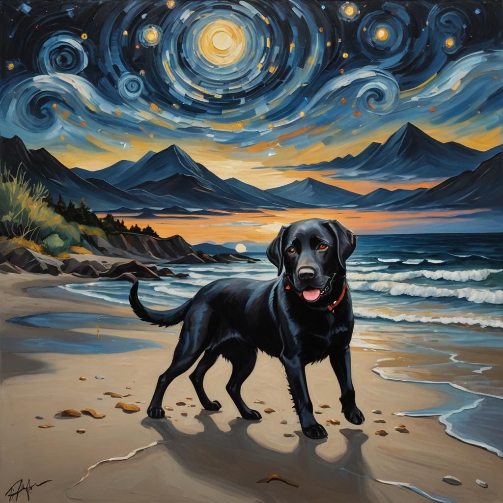 Black Labrador Retriever in a Vibrant Beach Landscape
