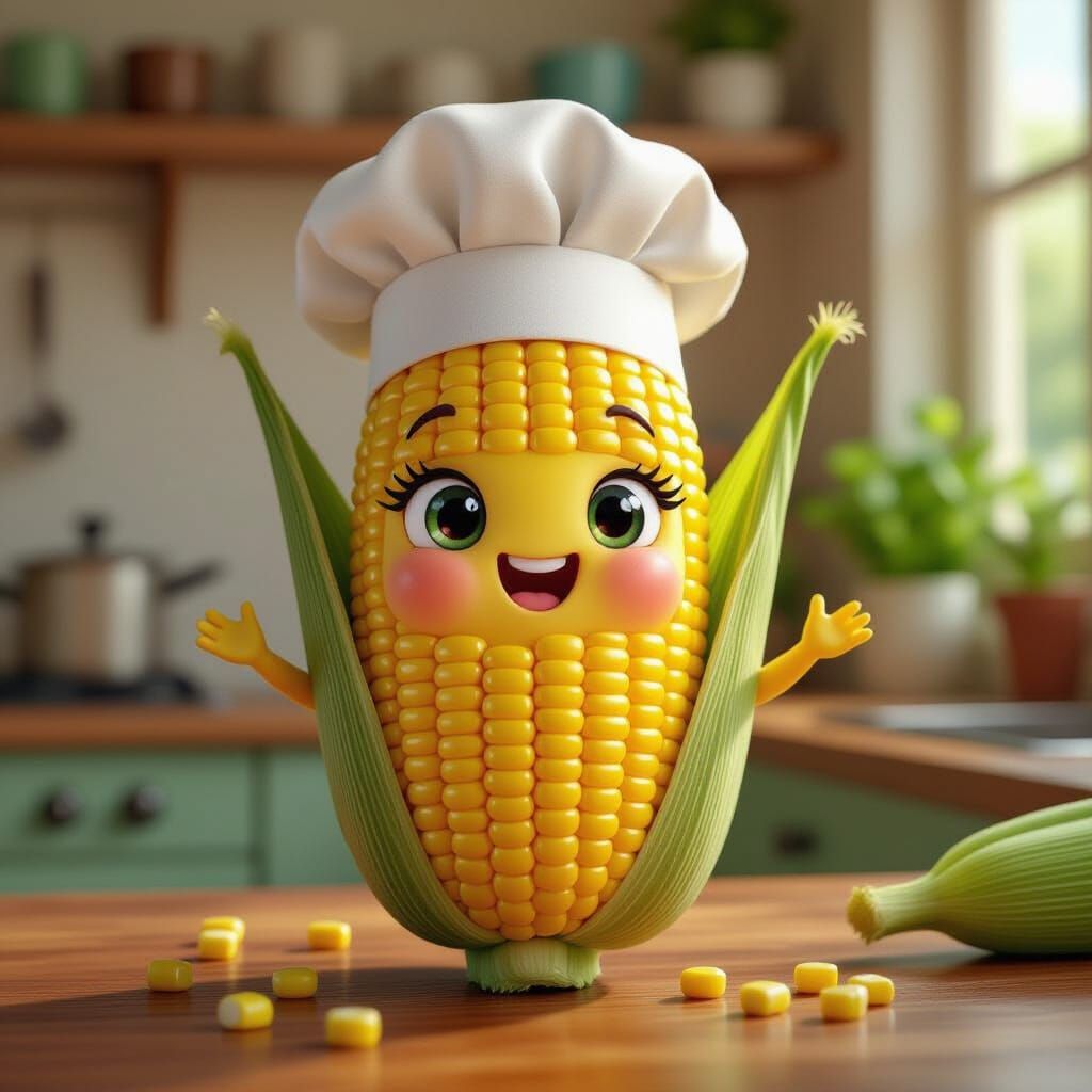Happy Corn Cob Chef in Kitchen Garden