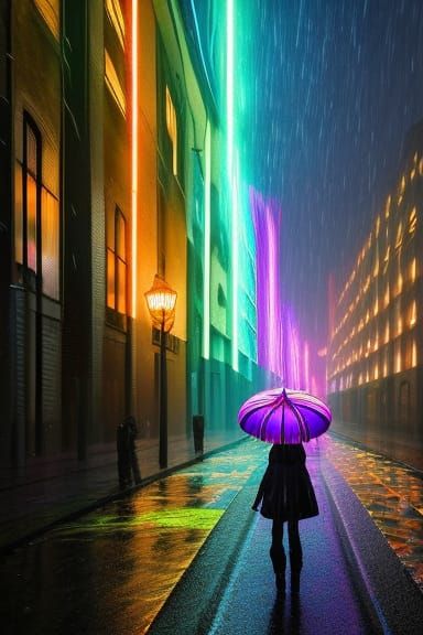 Cyborg Sorceress with Neon Umbrella in Cyberpunk City