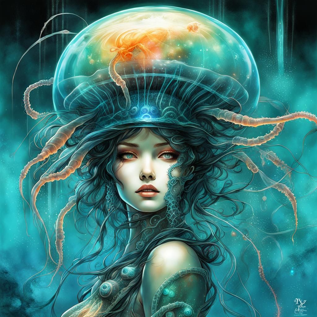 Bioluminescent Jellyfish Woman in Fantasy Lab, Biopunk Style