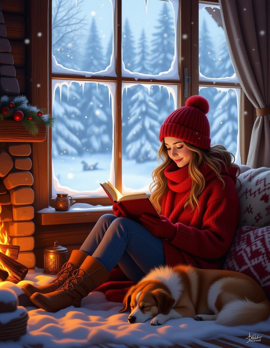 Cozy Winter Cabin Scene with Girl Reading by Fire