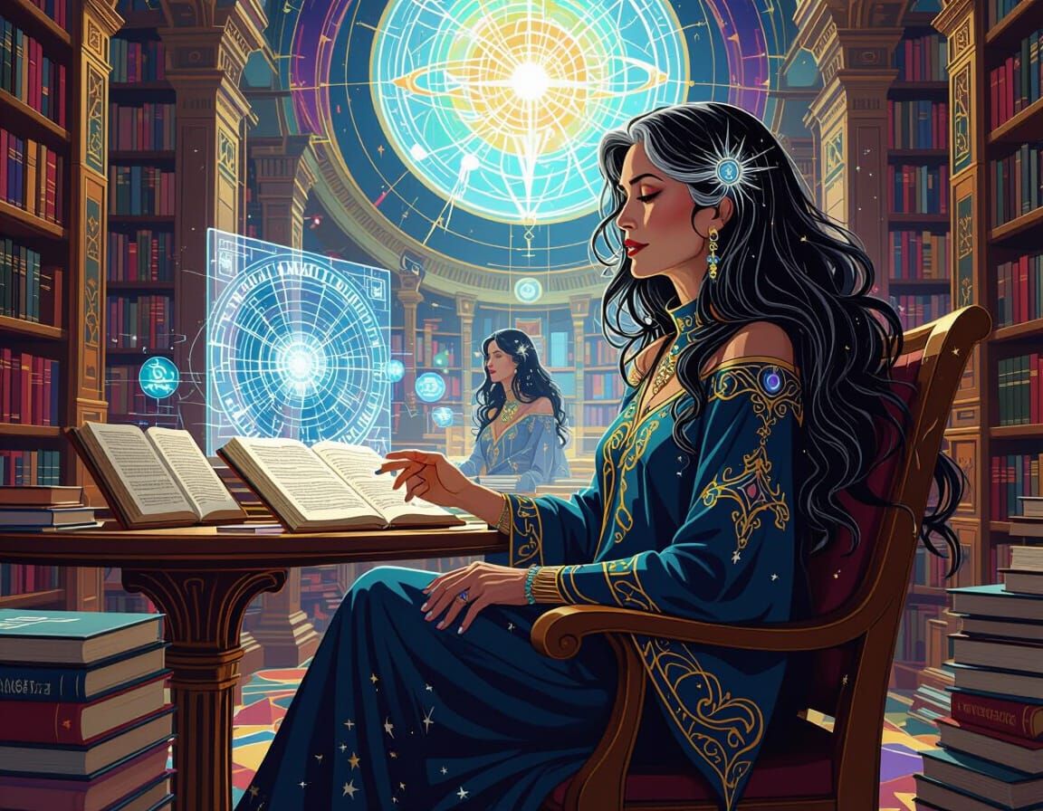 Futuristic Librarian in Art Nouveau Popart Style