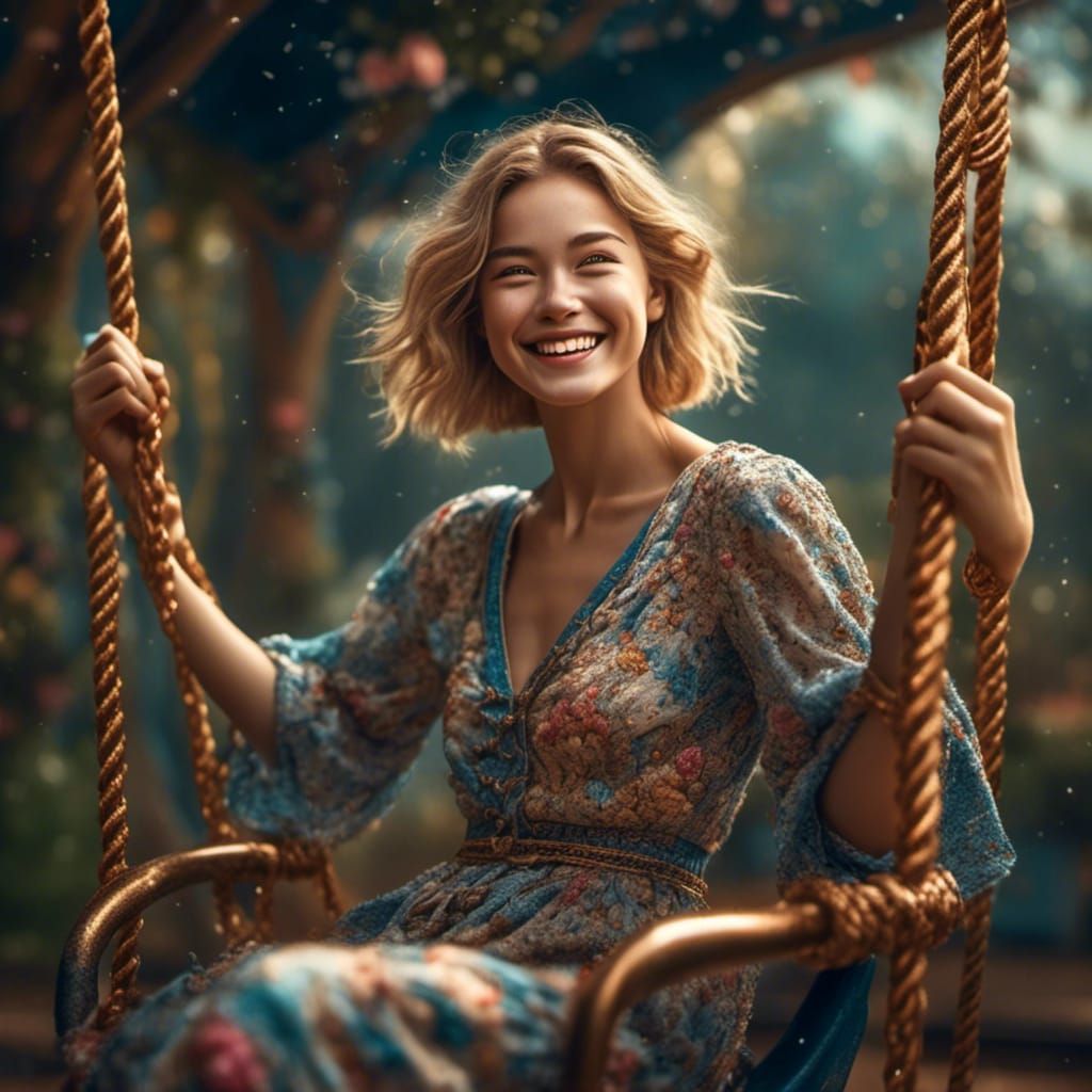 Joyful Woman on a Swing in Hyperrealistic Style