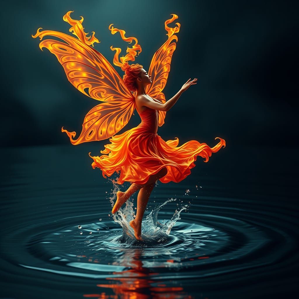 Water Fairy Dancing in Fire Clothes, Surreal Art
