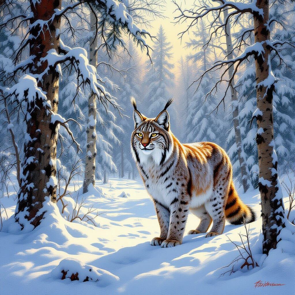 Lynx in Winter Forest: A Classic Landscape Painting