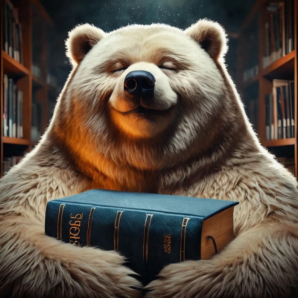 Satisfied Kodiak Bear Enjoys a Good Book in a Felted Library