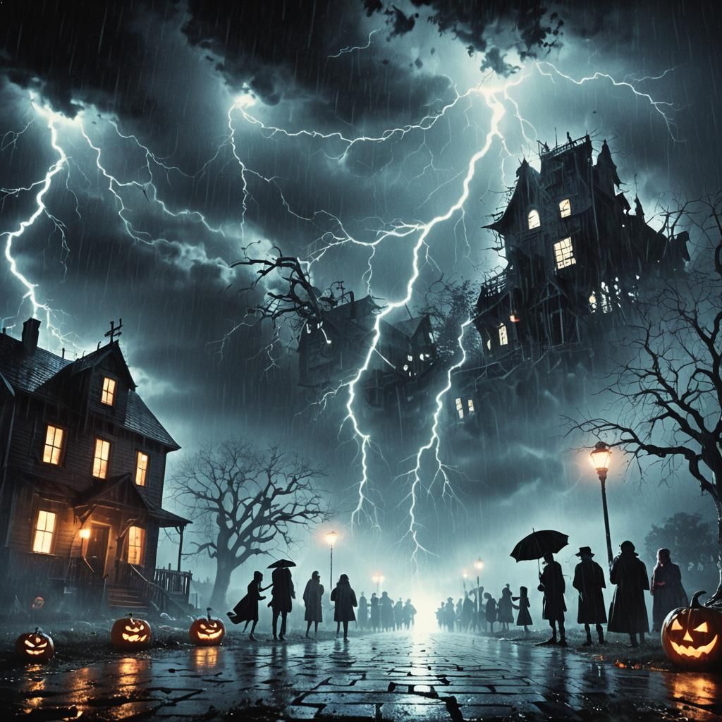 On a stormy Halloween night, lightning cracks across a dark,...