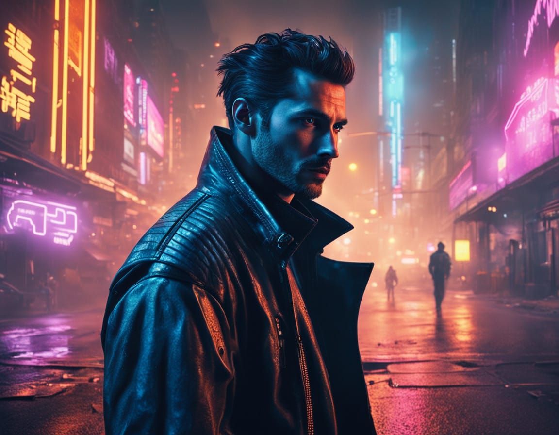 Cyberpunk Male Model Embracing Futuristic Neon City