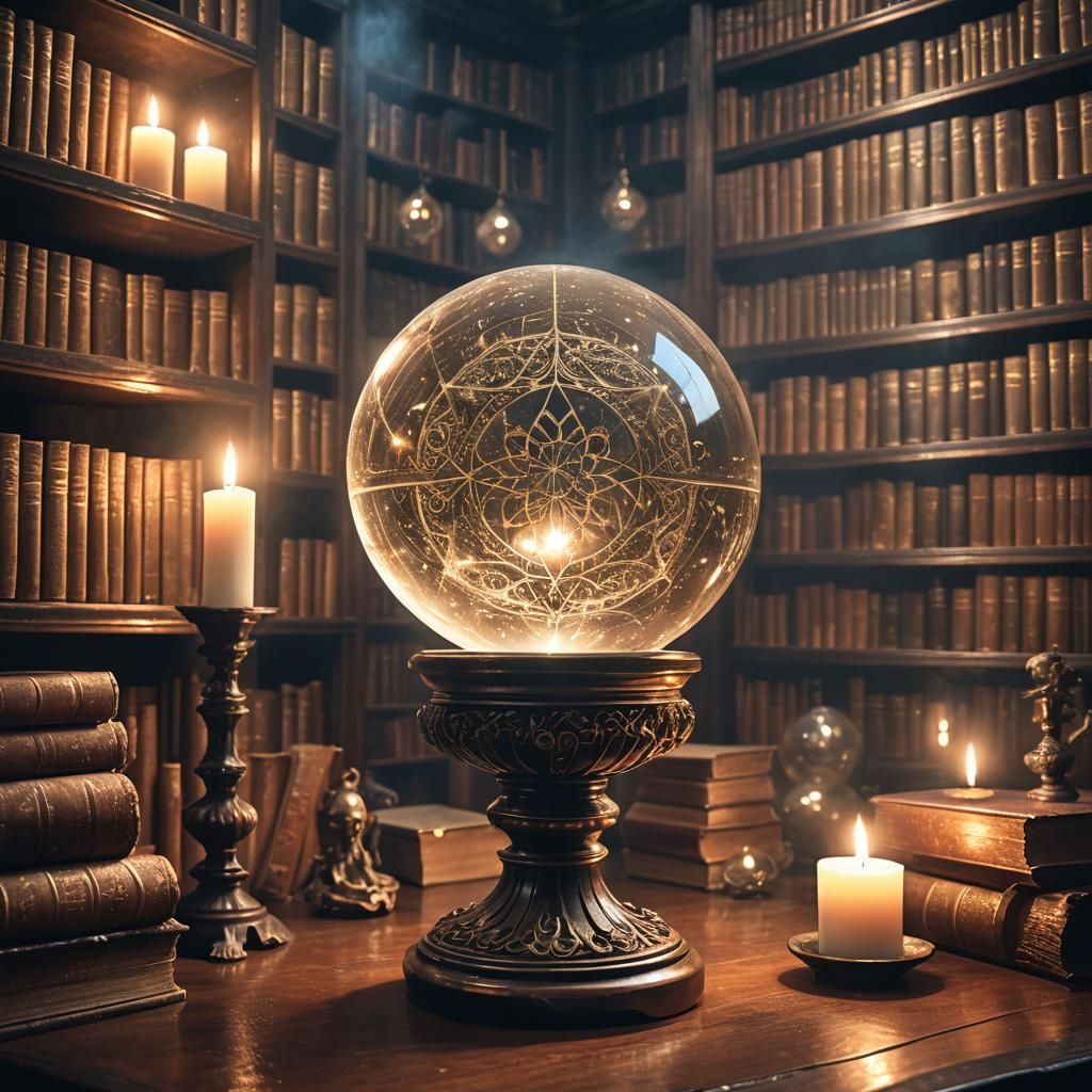 Glowing Crystal Ball in Mystical Room, Fantasy Art